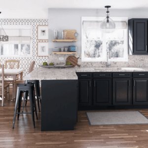 a kitchen with dark blue cabinets, oak flooring and a table