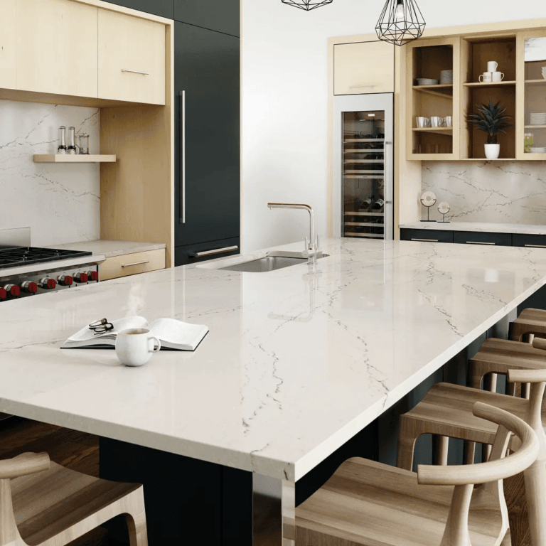 white solid surface kitchen counter with two toned natural wood and black cabinetry