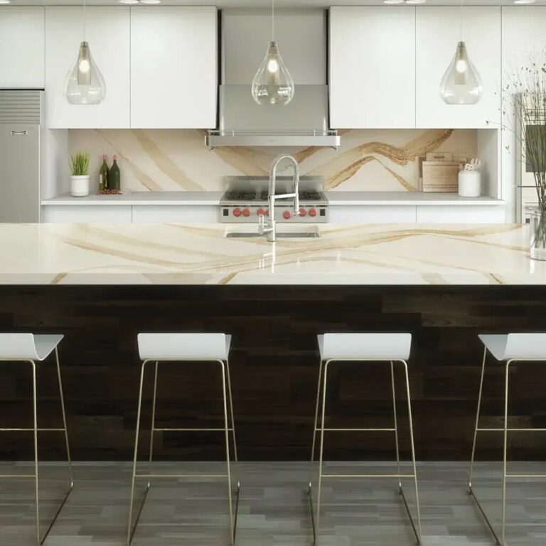 white and honey colored solid surface kitchen counter