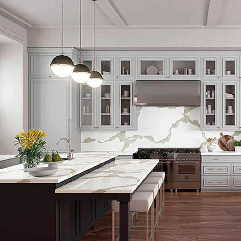 Caesarstone white kitchen counters with green veining