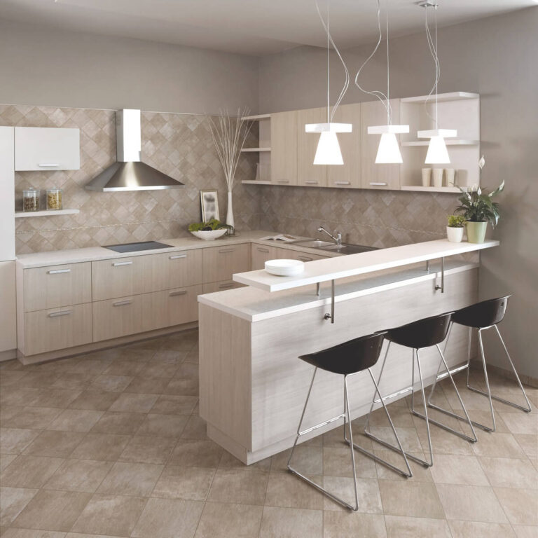 small contemporary kitchen with diagonal beige tile flooring
