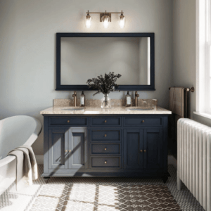 Traditional bathroom with custom blue wood vanity and tile floor
