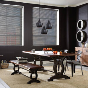 Aluminum blinds in a moody dining room