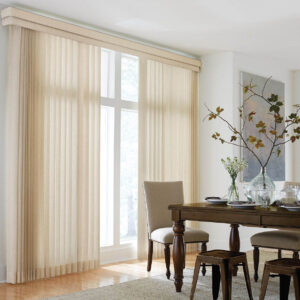 Graber panel draperies flanking large dining room windows