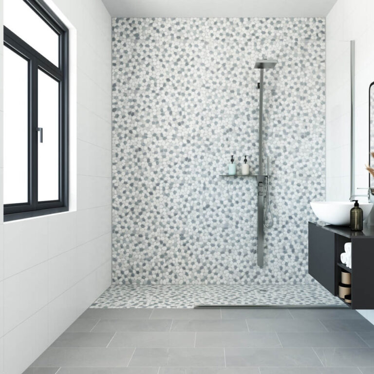grey pebble tile in a shower