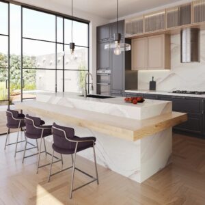 Picture of a modern kitchen with waterfall hard surface island