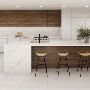 white solid surface kitchen counter with gold veining and oversized square tile floor