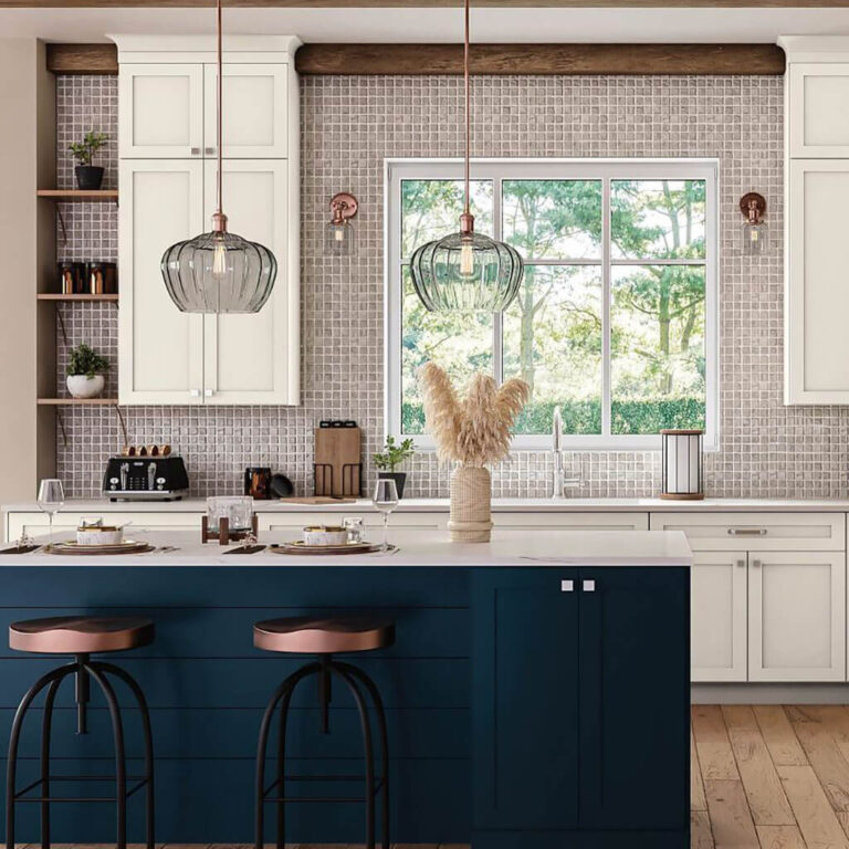 Mantra Omni kitchen cabinetry in white and deep blue