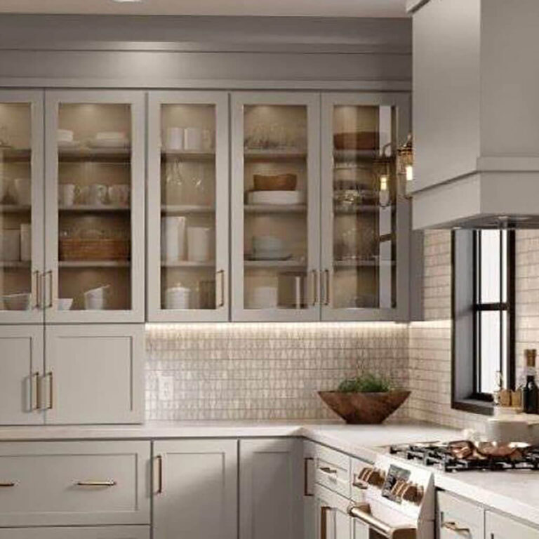 Mantra grey kitchen cabinetry in transitional kitchen