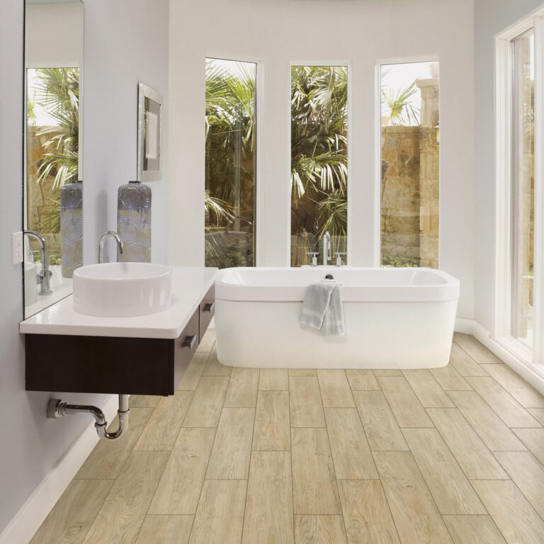 wood look tile floor in a minimalist bathroom