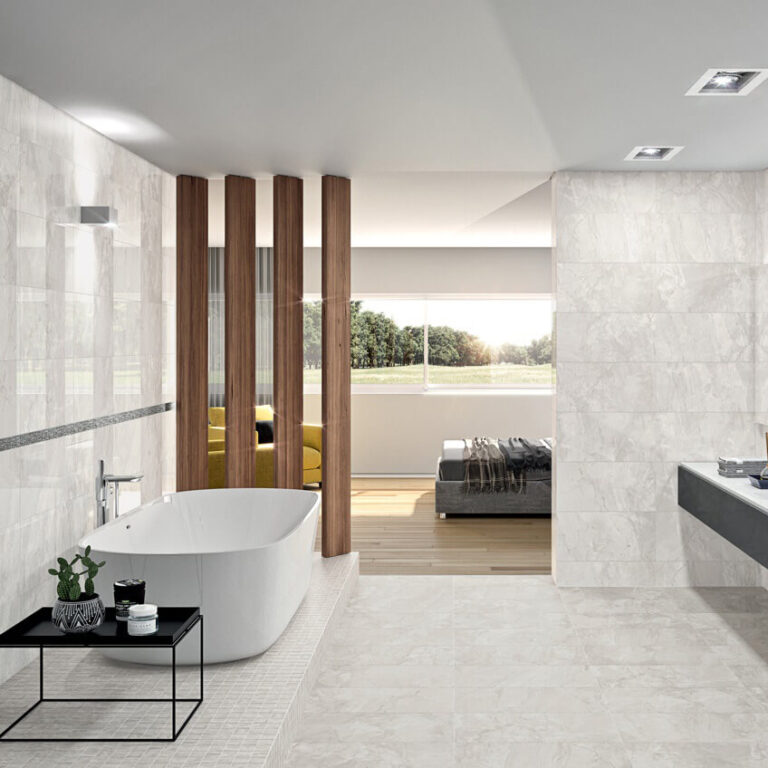 white marble look tile floor and walls in a contemporary bathroom