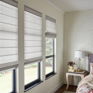 Graber classic roman shade blinds in light grey fabric