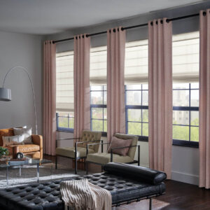 Graber draperies in soft pink in a modern living room