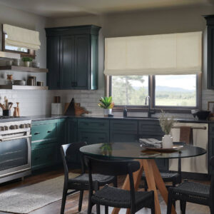 Graber soft roman shades in off-white on a kitchen window