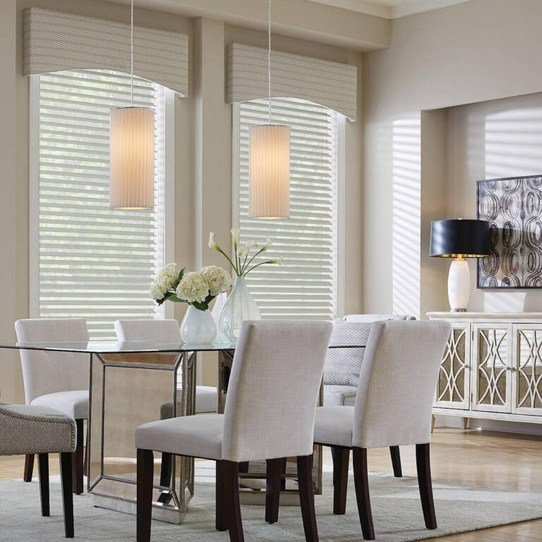 white wood blinds on windows in a sophisticated dining room