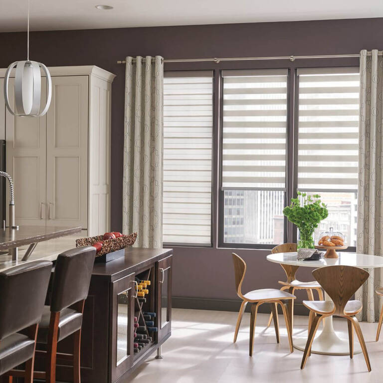 Graber layered window shades in a mid-century styled kitchen area